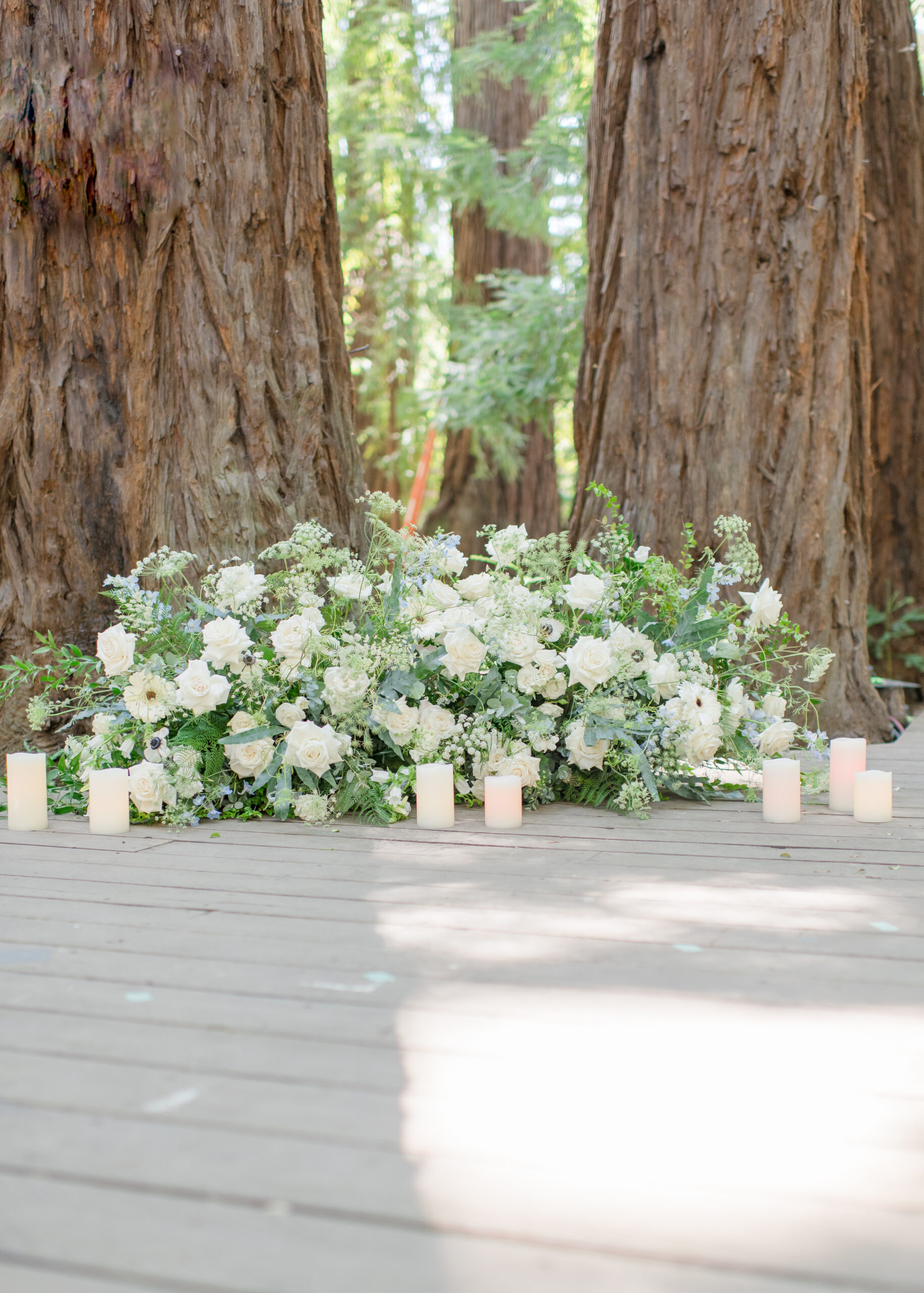 white and green florals in front of red wood trees