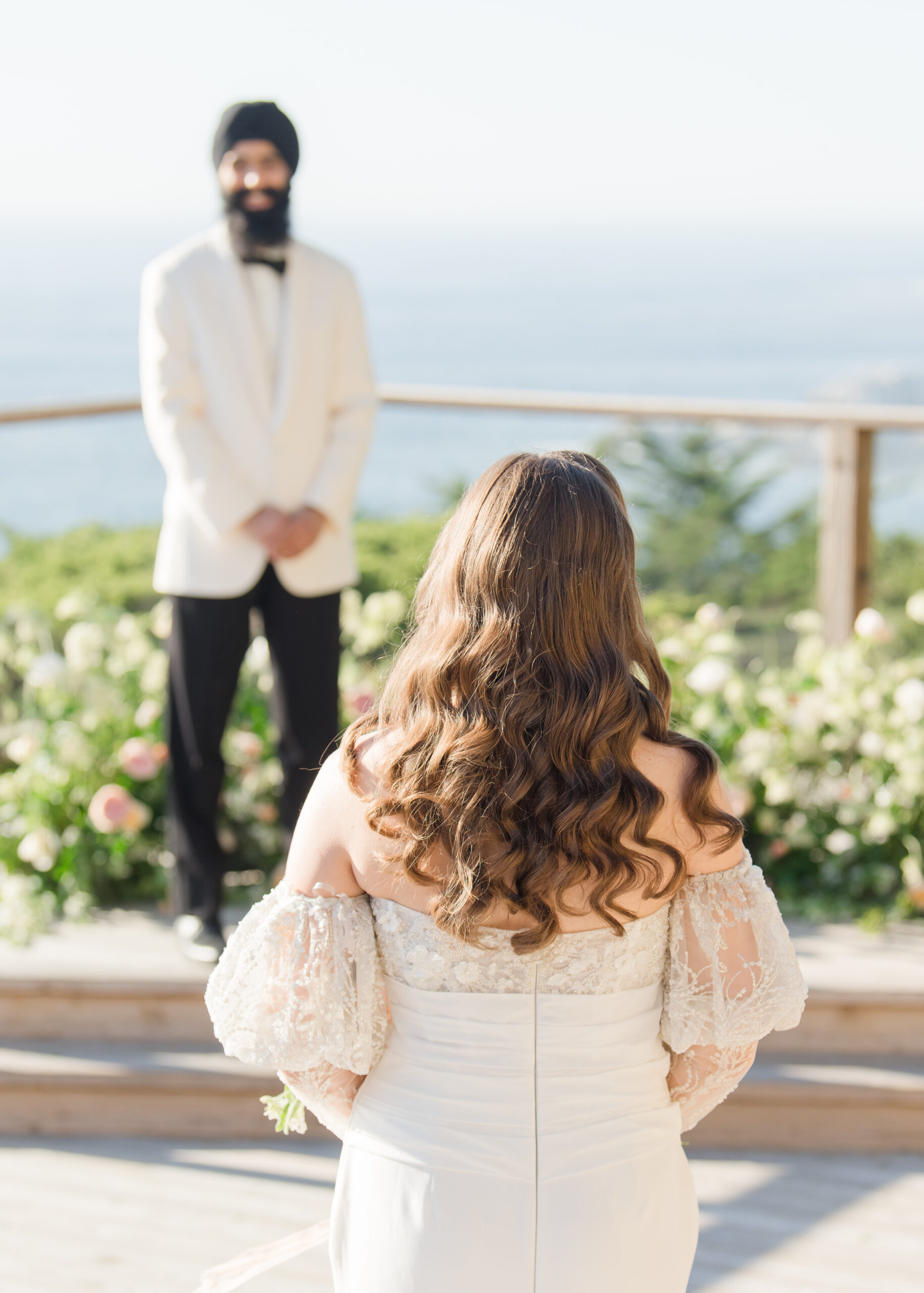 bride walking towards groom during ceremony