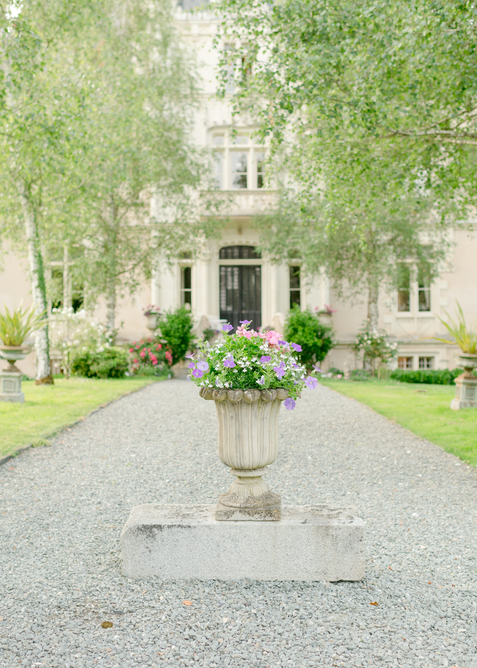 Flowers in front of the doorway entrance at the chateau in France. 