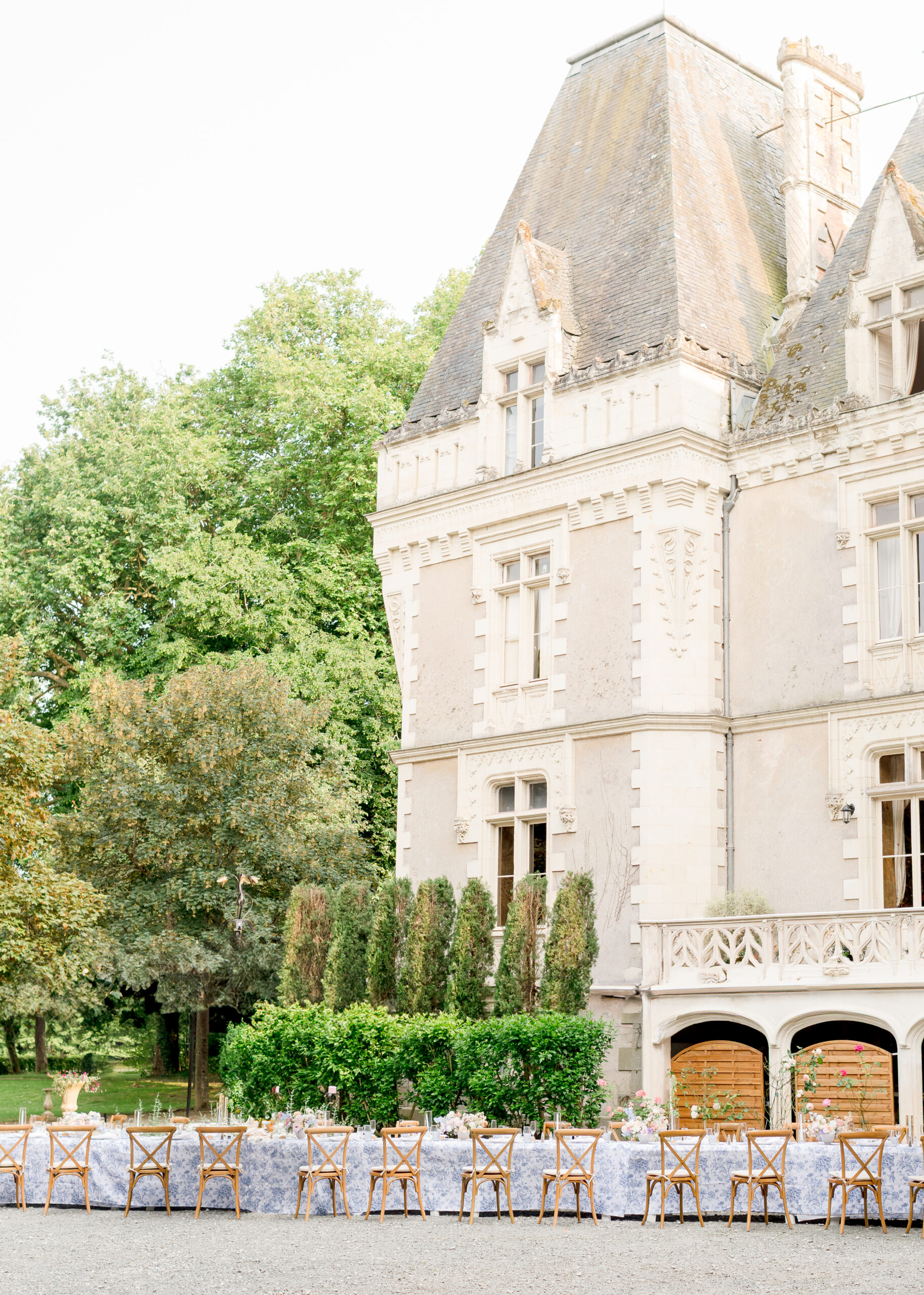 wedding reception table in front of chateau in loire valley france