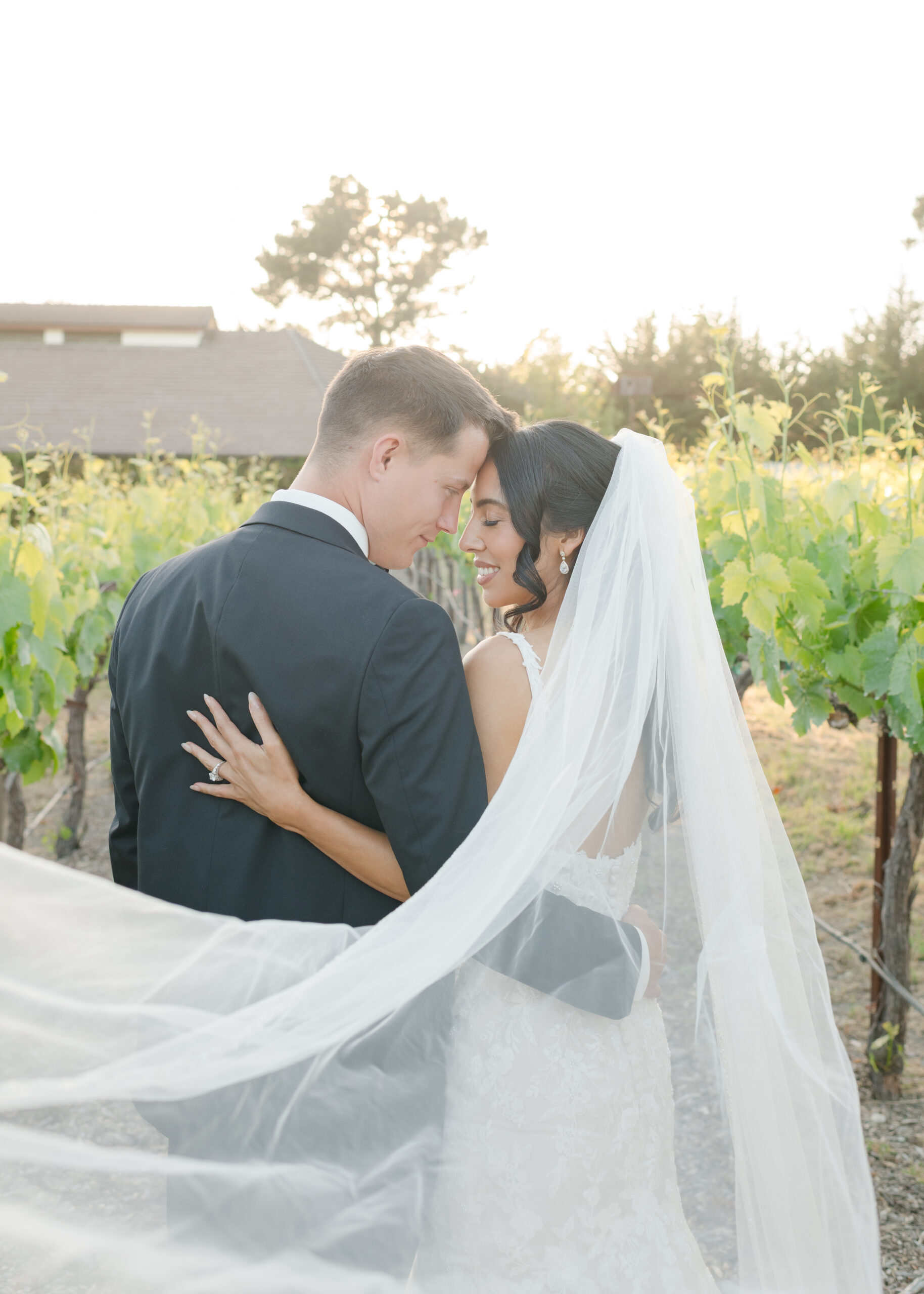 bride and groom facing each other with swooping viel