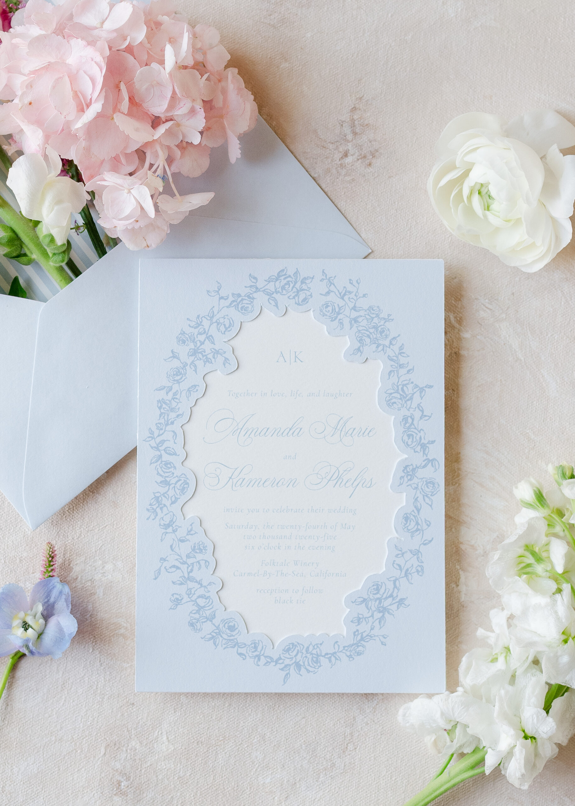 blue and white wedding invitation suite
