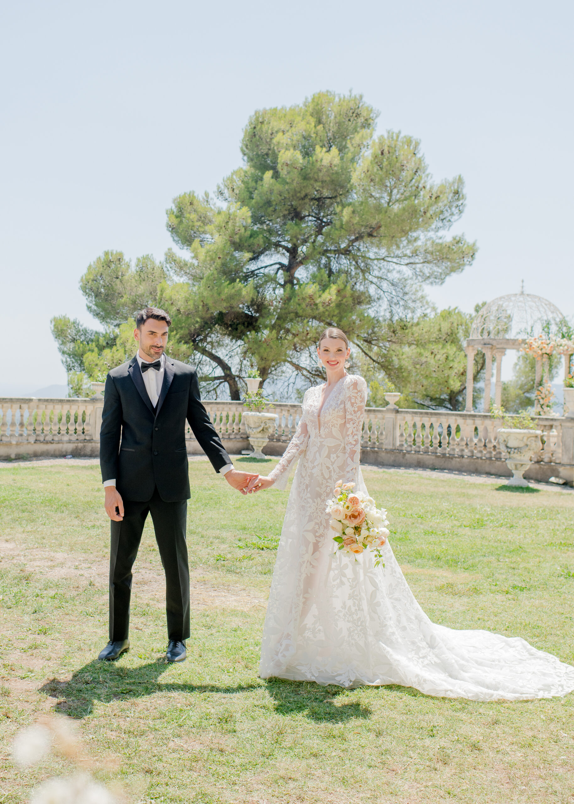 Bride and walking walking in the garden at micro wedding venue in france